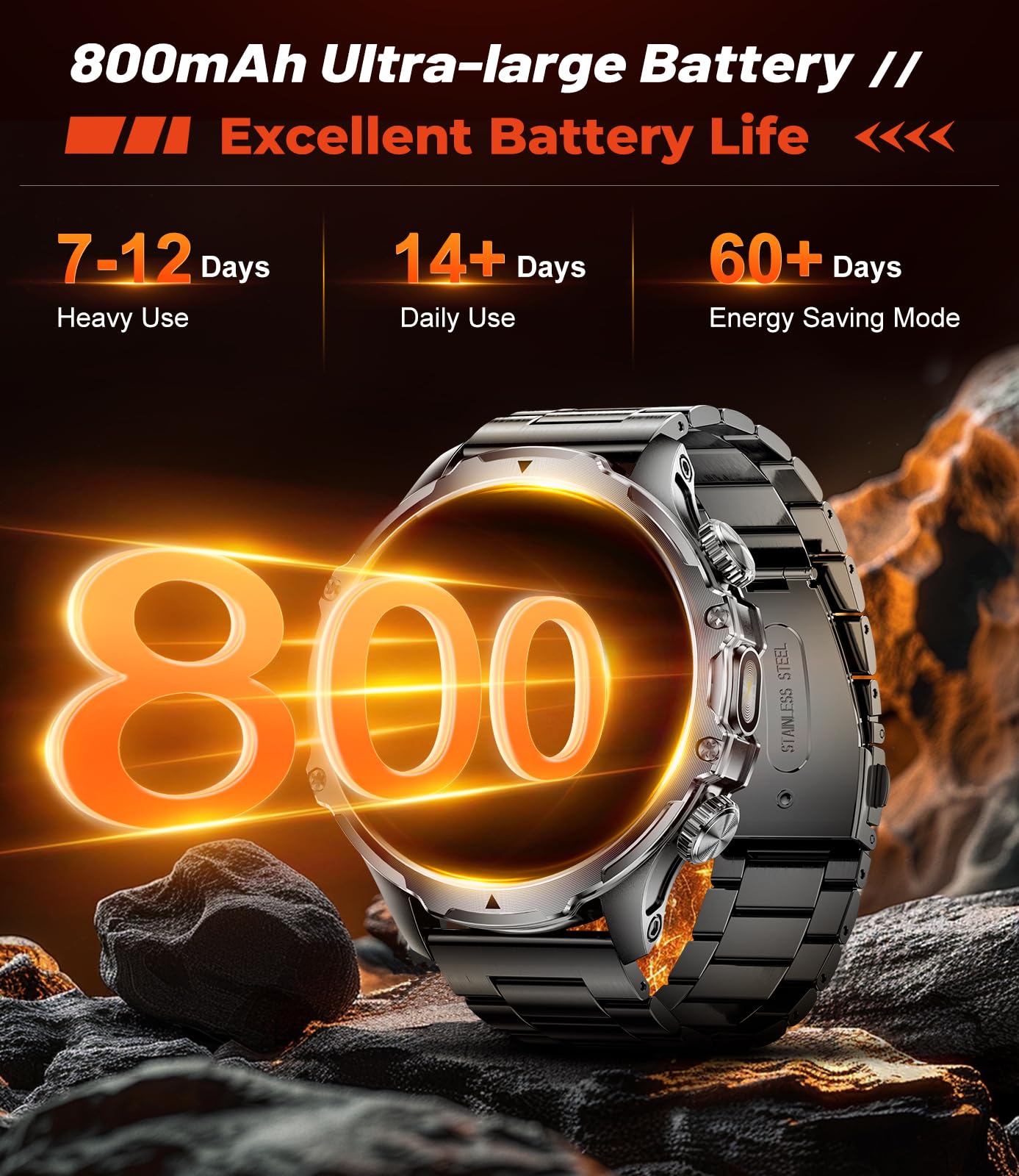 Military Smart Watch For Men,1.85 '' Hd/800Mah Battery Smart Watches With Led Flashlight For Android Ios (Bluetooth Call Answer/